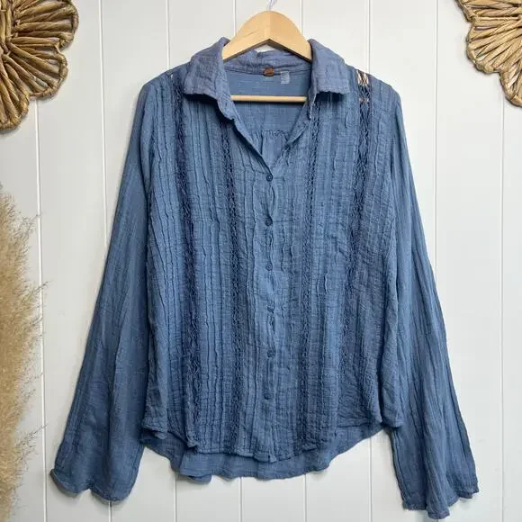 Free People button-down shirt floral eyelet lace boho top cotton blend - Picture 3 of 6